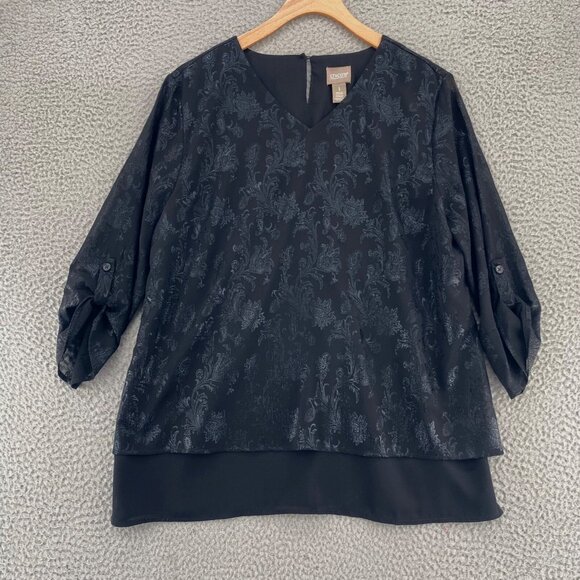 Chicos Top Womens 1 US Medium Black Shimmer Jacquard Layered 3/4 Roll Tab Sleeve - Picture 1 of 10